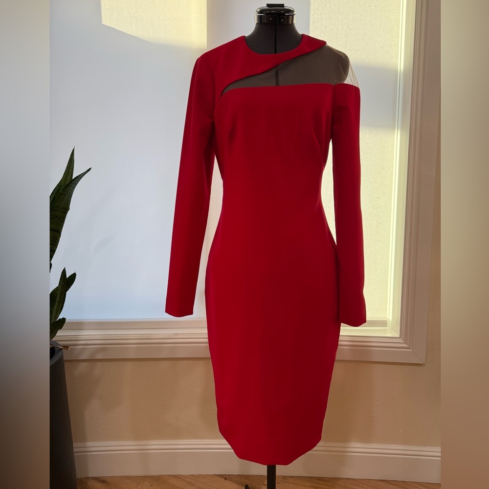Theia Red Long Sleeve Dress